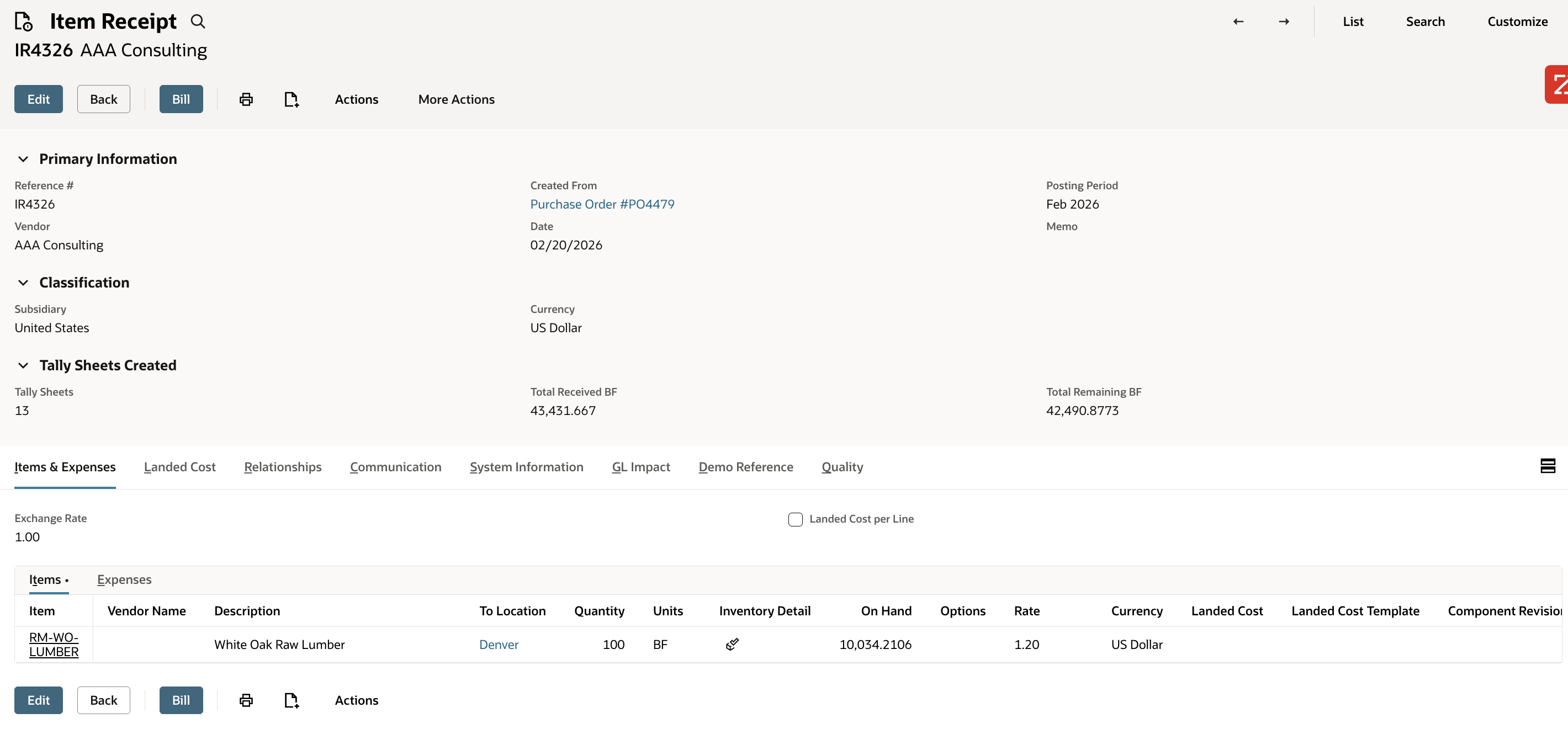 Item Receipt with auto-created tally