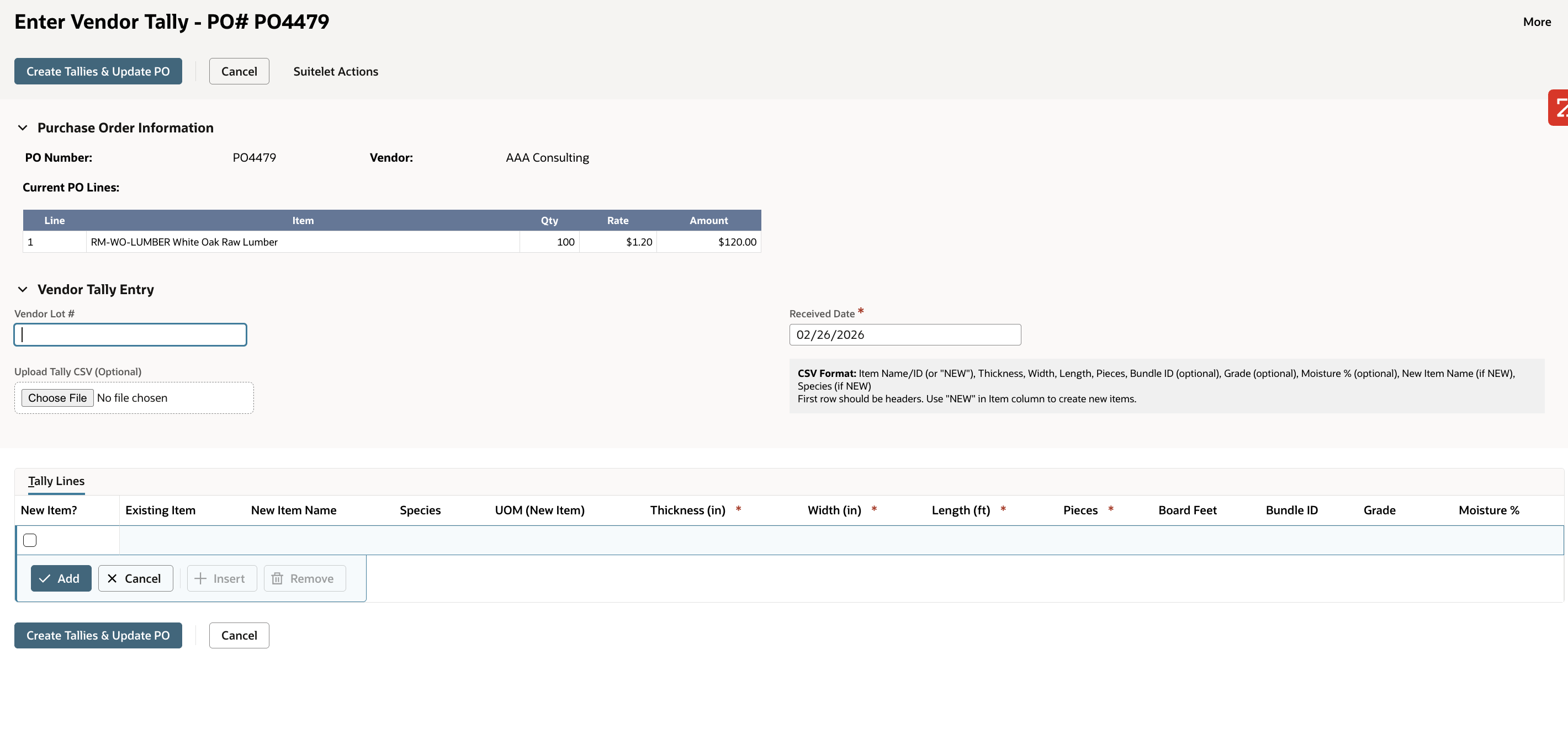 Vendor tally creation form