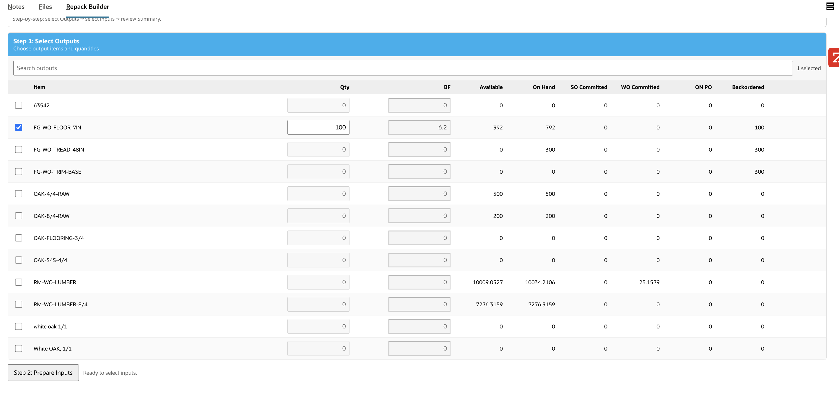 Output item selected
