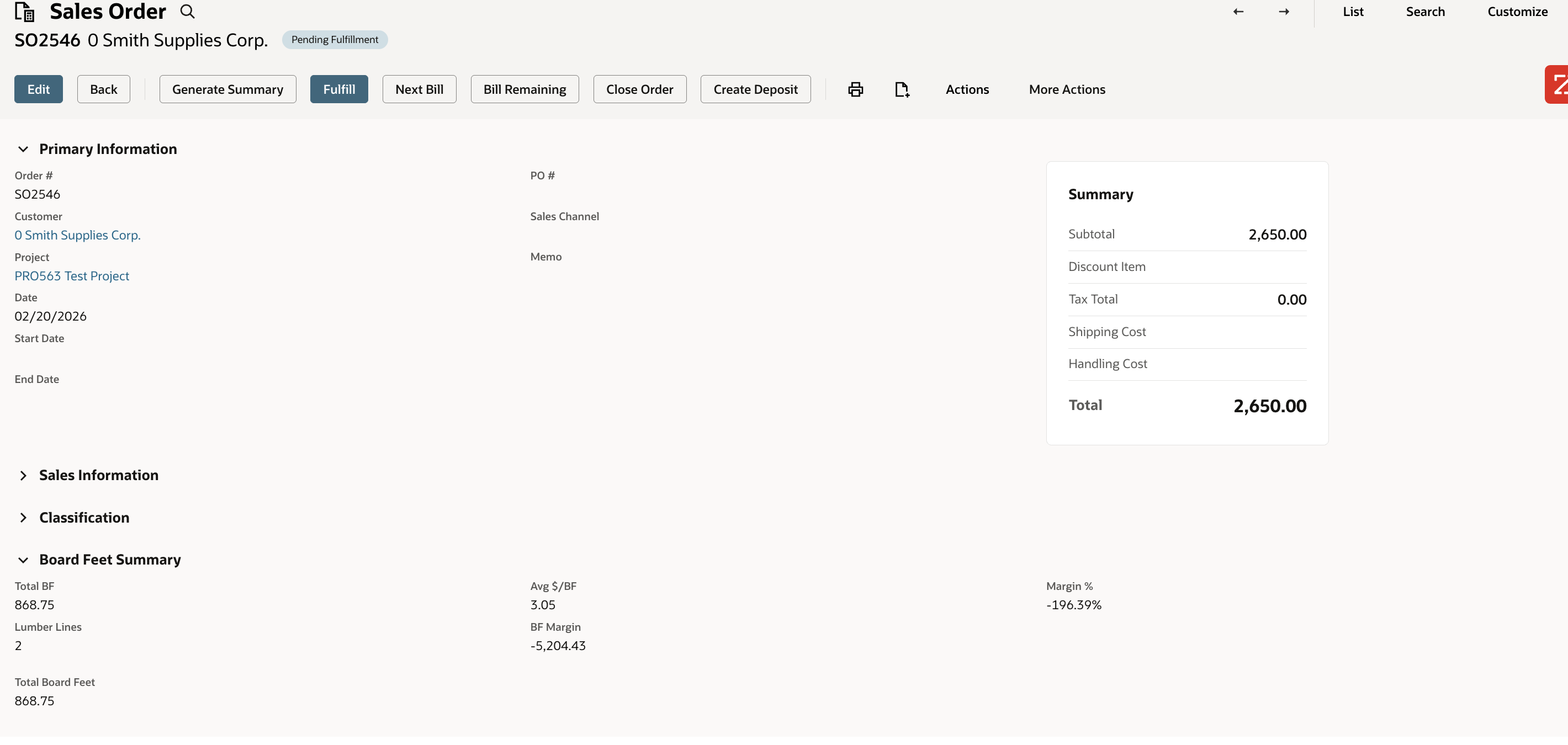 Sales order with BF summary