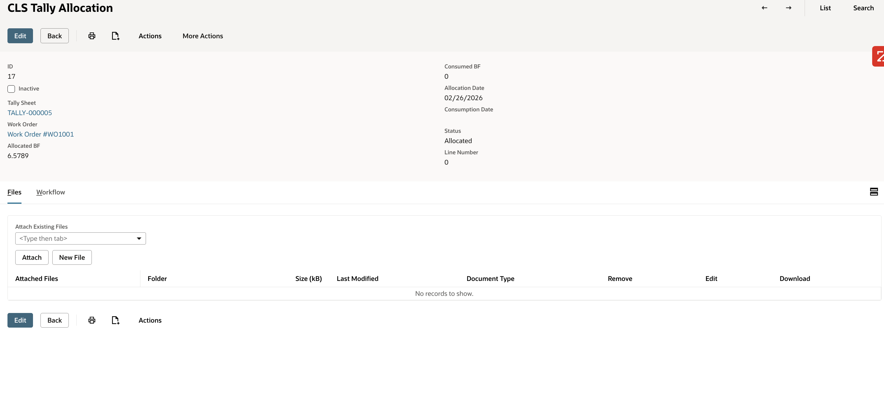 Tally allocation record