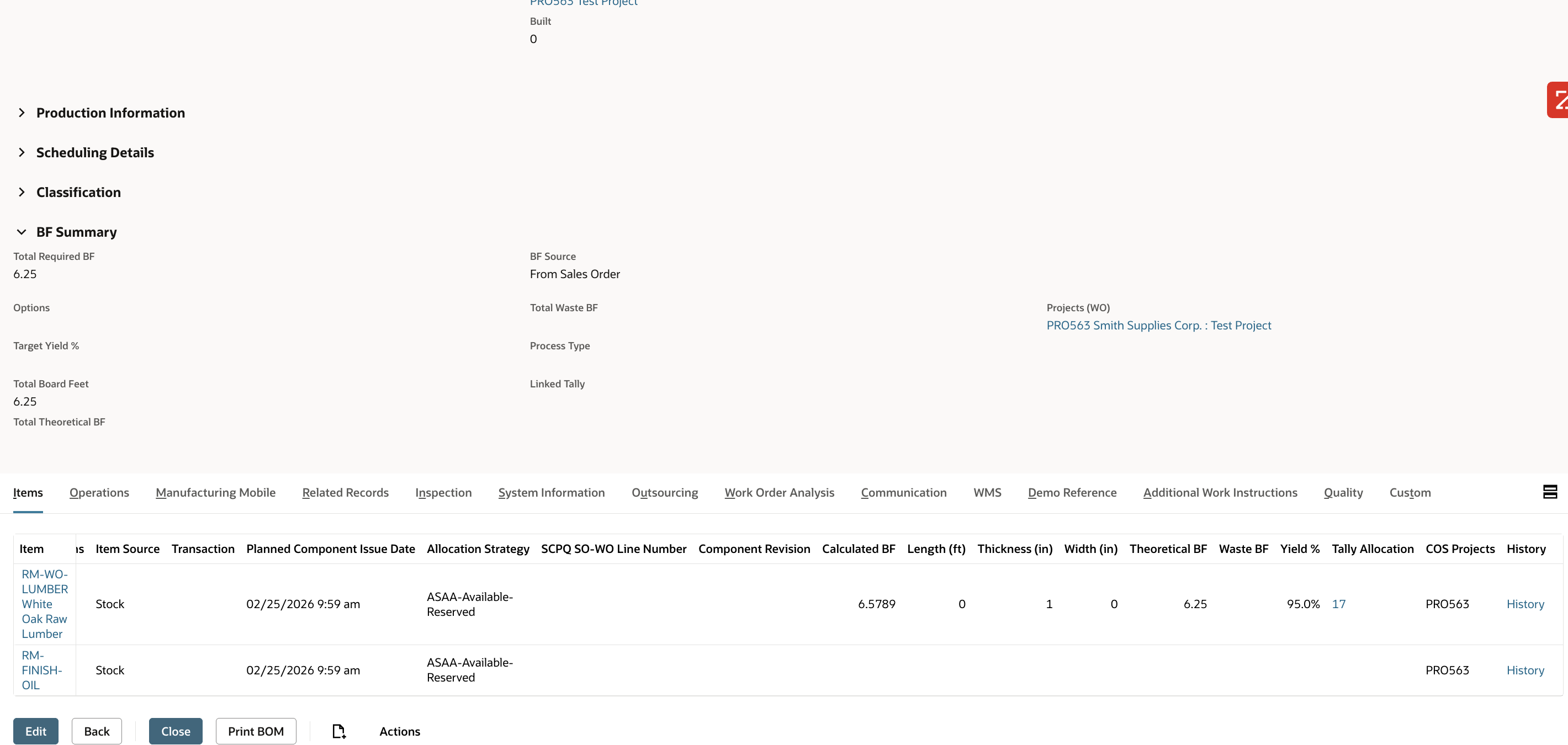 Work order component with tally allocation