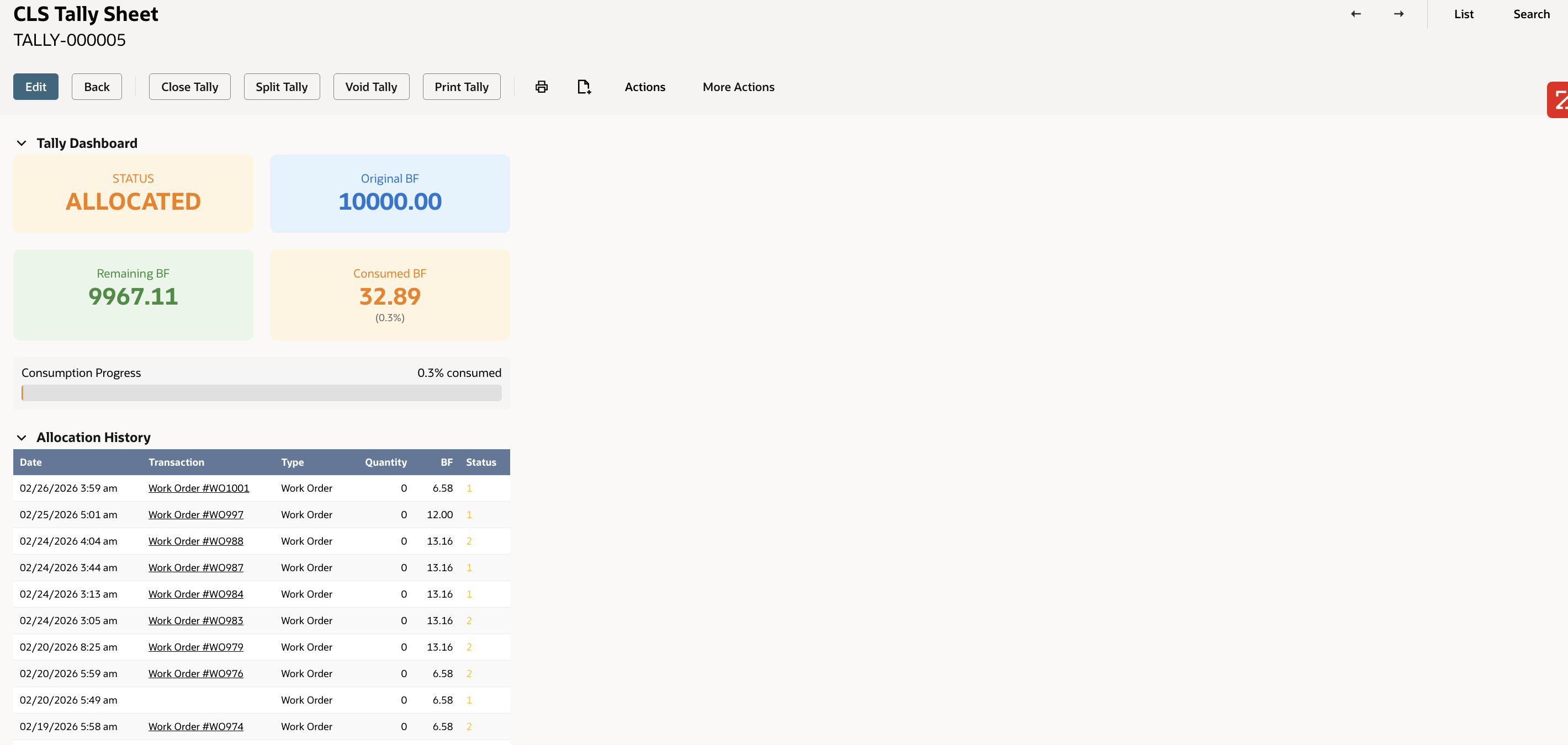 Tally consumption tracking