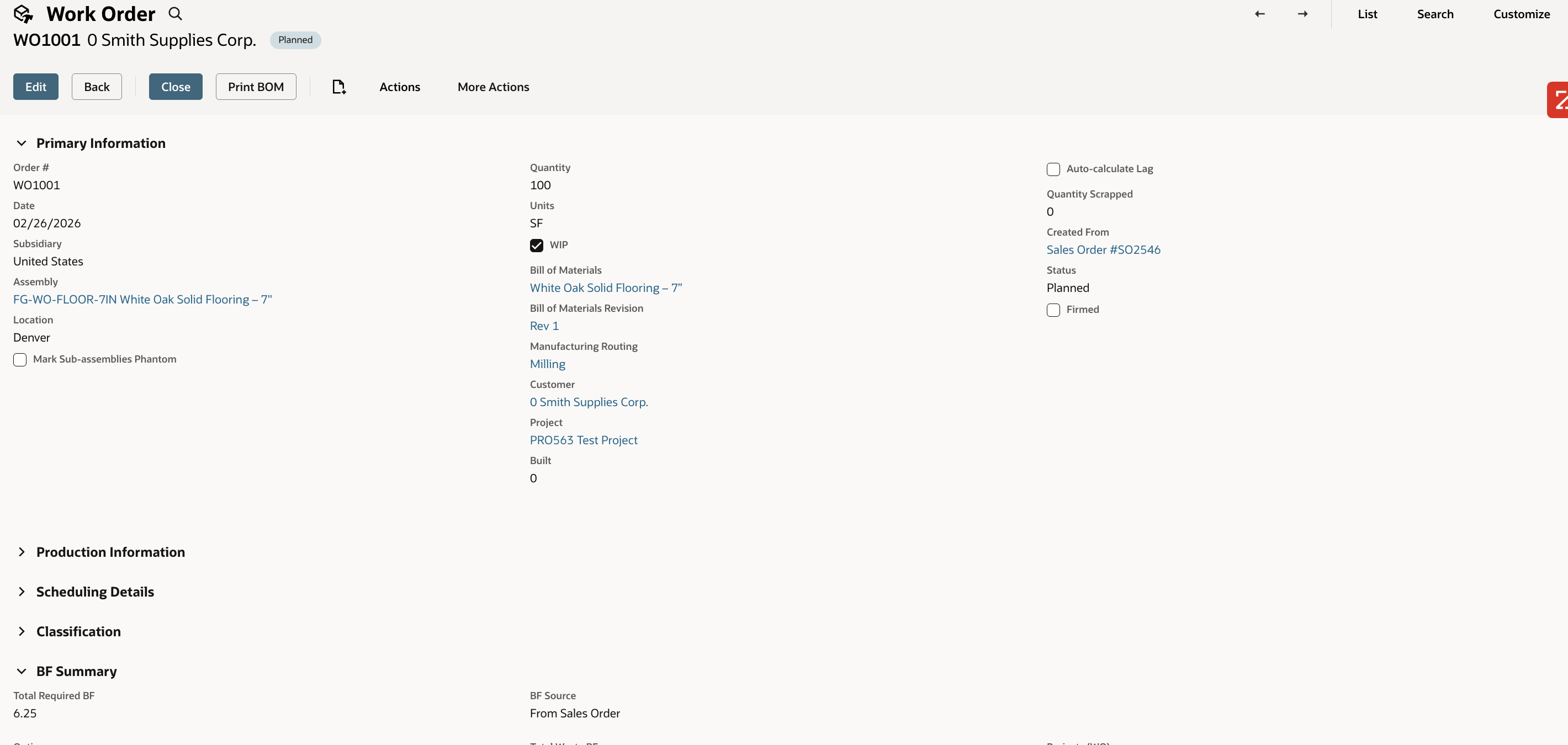 Work order with BF summary